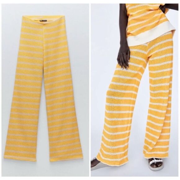 ZARA | Yellow White Stripe High Waist Knit Wide Leg Trousers Pull On | Large - Picture 1 of 6